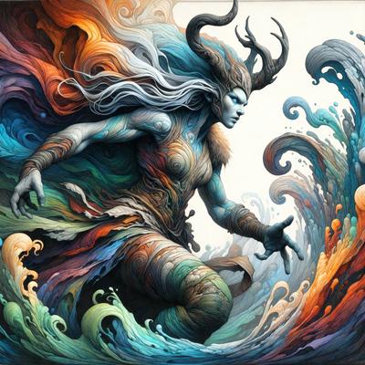 The primary subject of the image is a woman with horns, who appears to be a mythical creature or a character from a fantasy world. She is standing in a body of water, which could be an ocean or a lake. The setting is a colorful and vibrant environment, with a mix of blue, green, and orange hues. The visual style of the image is a combination of digital art and illustration, giving it a unique and artistic appearance. The overall atmosphere of the image is one of fantasy, magic, and adventure.